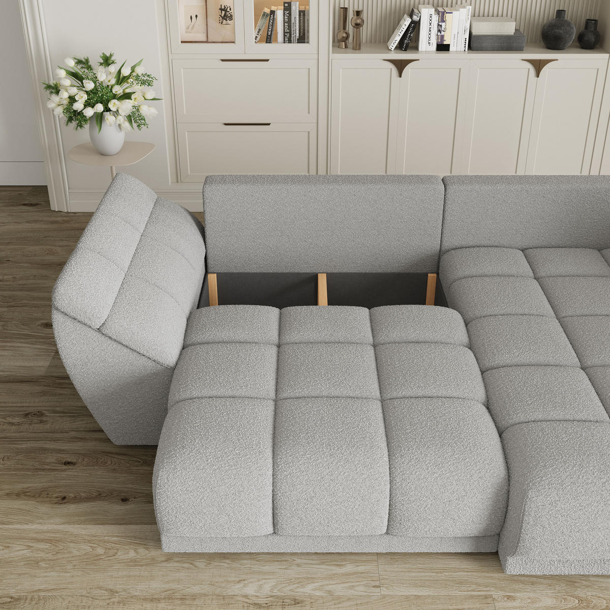 ECKSOFA ORENTI R-S Kupferfarben Boucle-Stoff mit Schlaffunktion - Kupferfarben, Holz (287/182cm) - MASSENO