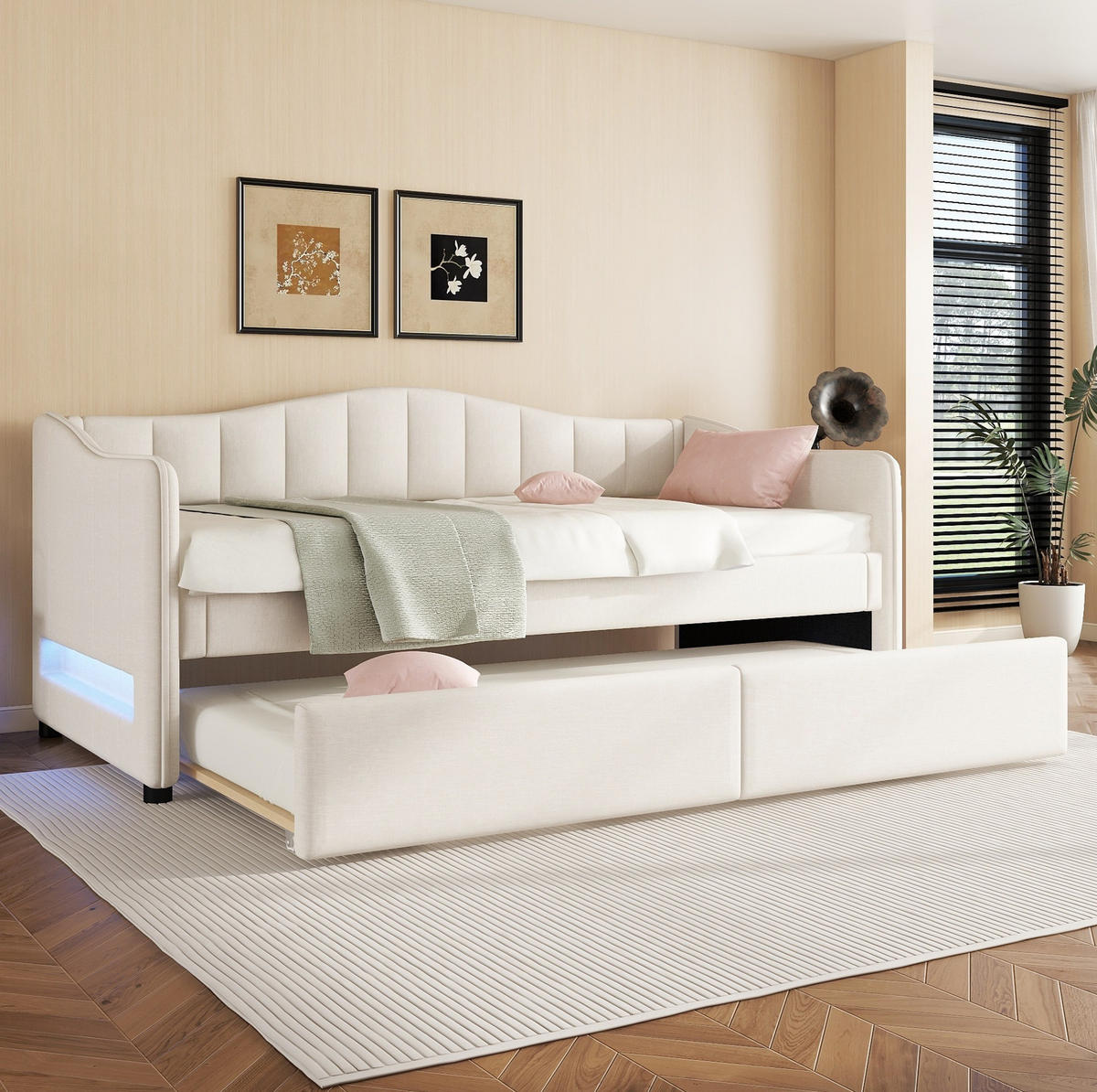 POLSTERBETT 90/200 cm Beige mit Polsterbett und LED-Beleuchtung - Beige, Textil (90/200cm) - Flora Grace
