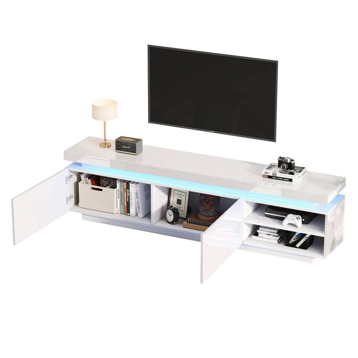 TV-SCHRANK 170/35/50 cm weiß Hochglanz mit LED-Beleuchtung für TVs bis 70 Zoll - Weiß, Holzwerkstoff (170/50/35cm) - OKWISH