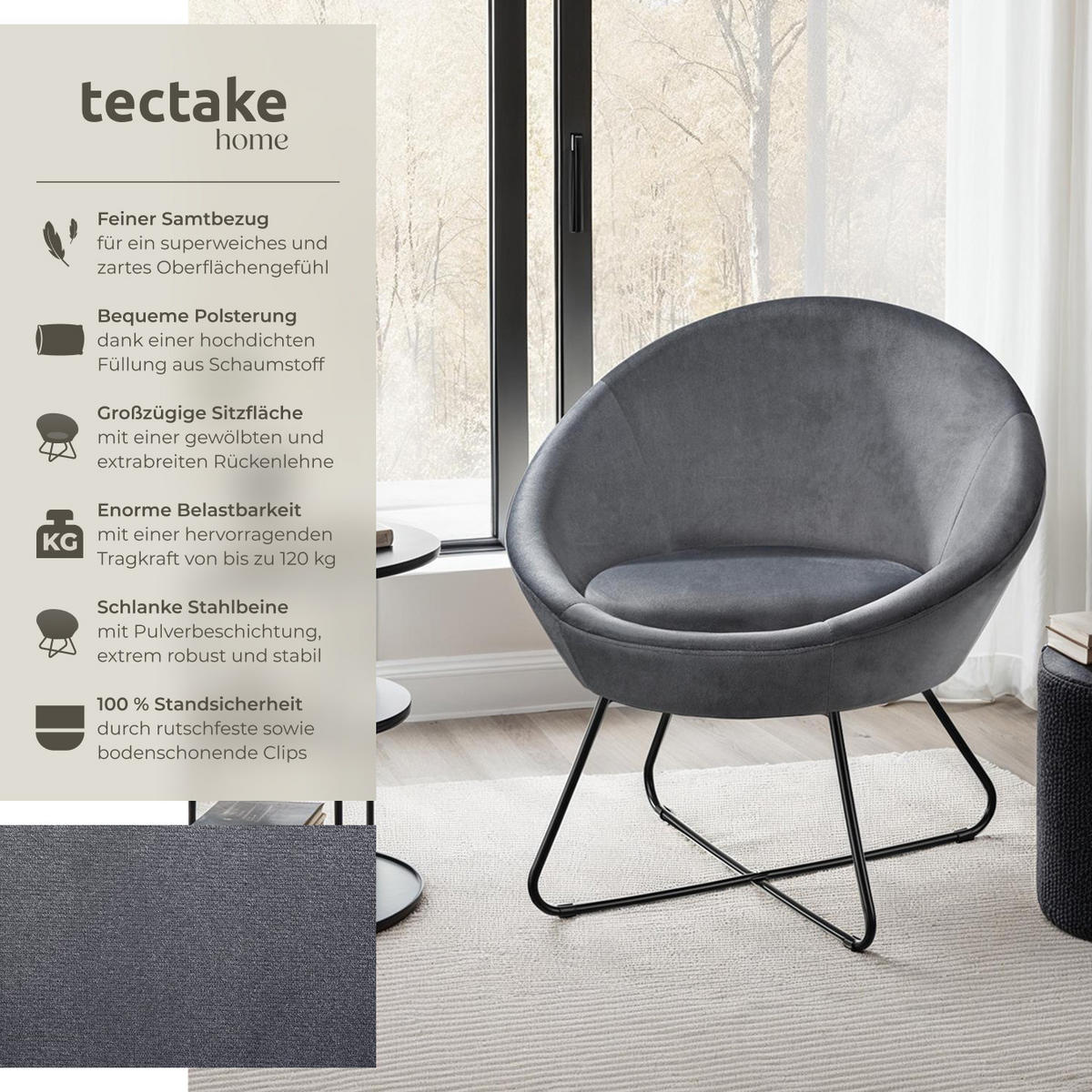 COCKTAILSESSEL Centera,83 x 73 x 82 cm,Samtoptik anthrazit - Anthrazit/Samtahornfarben, Metall (83/82/73cm) - tectake