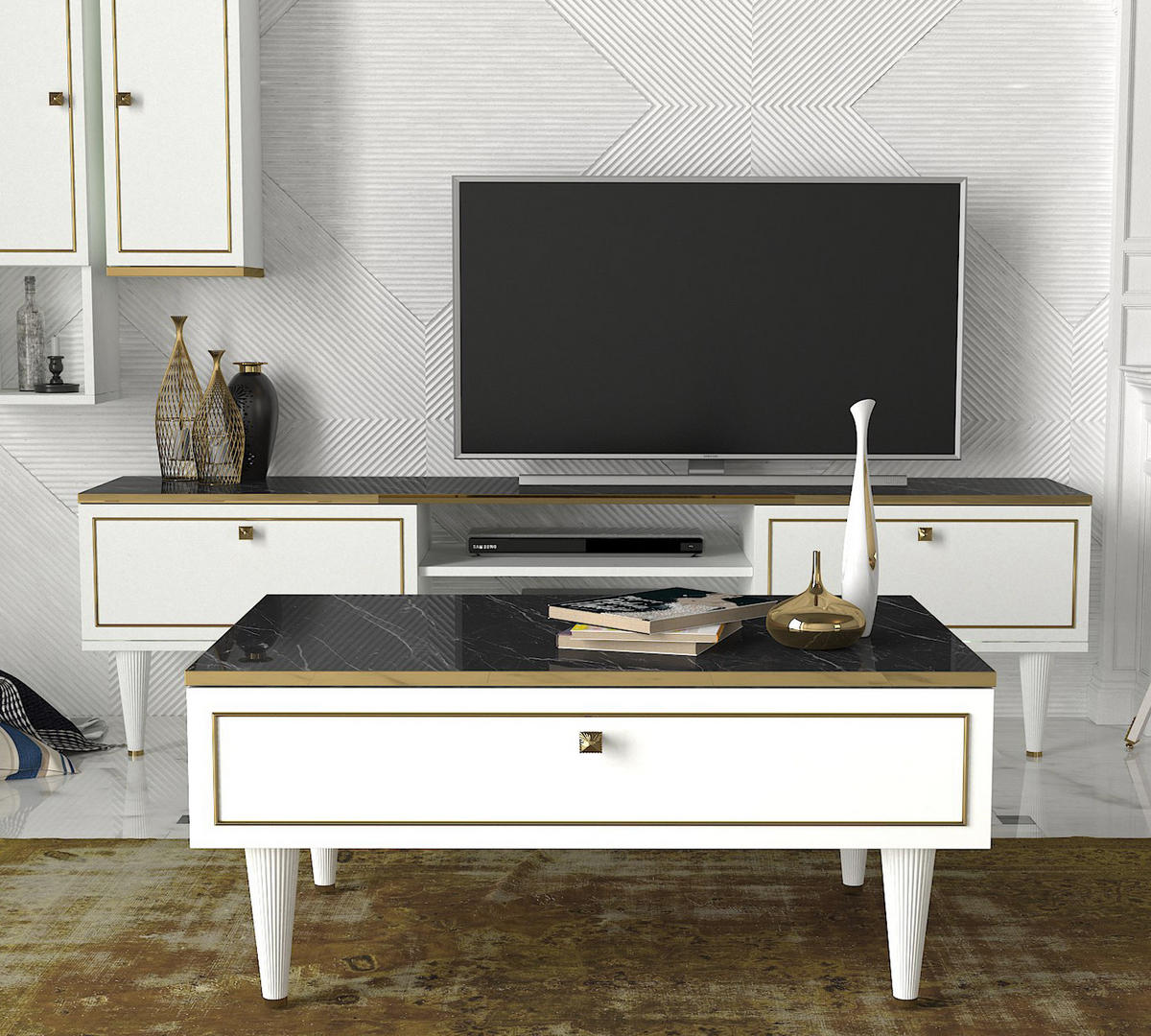 COUCHTISCH Ravenna Weiß Marmor Optik - Goldfarben/Weiß, Holzwerkstoff/Kunststoff (60/90/42cm) - moebel17