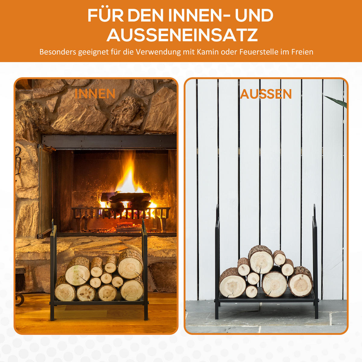 KAMINHOLZREGAL für innen 44,5 x 33 x 46,5cm Brennholzregal mit Griffe Metall - Schwarz, Metall (33/46.5/44.5cm) - Outsunny