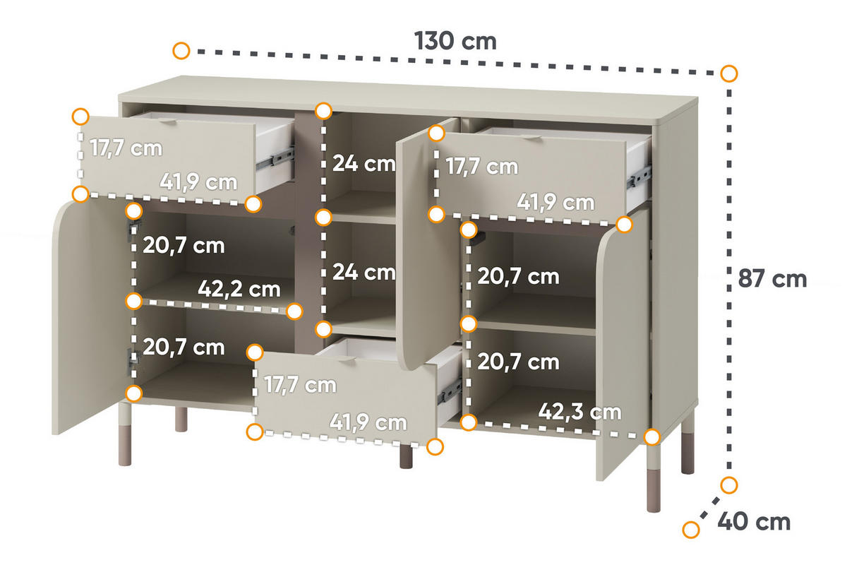 KOMMODE CATTA mit Schubladen, Cremefarben - Creme, Holz (130/87/40cm) - KONSIMO®