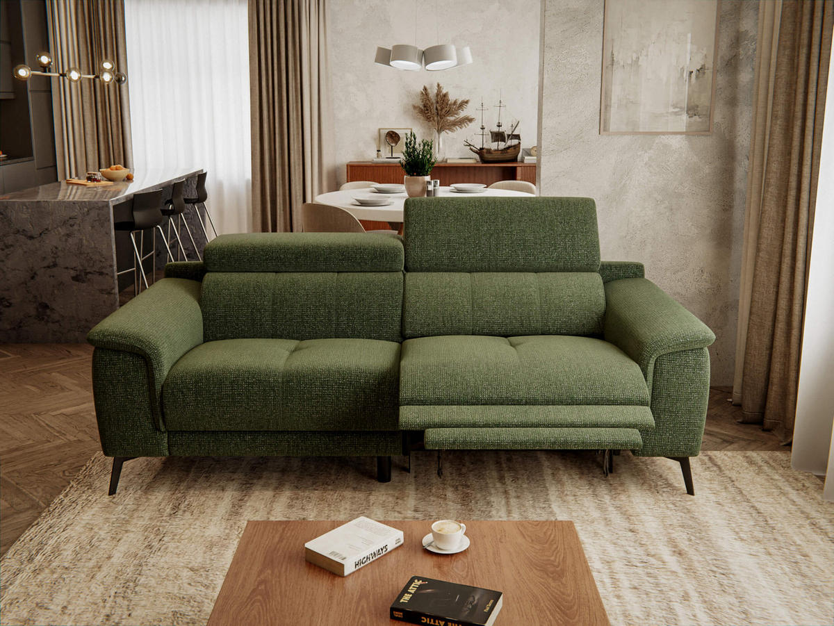 RELAXSOFA FIERO 3-Sitzer mit 1 Relaxfunktion, olivgrün - Schwarz/Olivgrün, Holzwerkstoff/Textil (212/82/103cm) - Courtois Laville