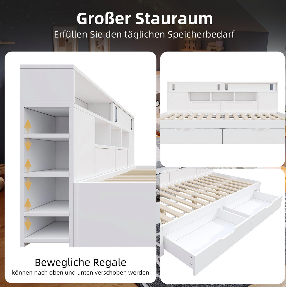 KINDER-TAGESBETT 90/190 cm Weiß aus MDF mit 2 Schubladen, Schiebetüren und Regalen - Weiß, Holzwerkstoff (90/190cm) - OKMYHOME