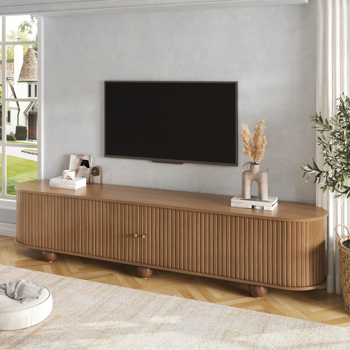 TV-LOWBOARD Rund Rillenoptik Schiebetüren Retro Kugelfüße - Walnussfarben, Holzwerkstoff (180/45/35cm) - FLIEKS
