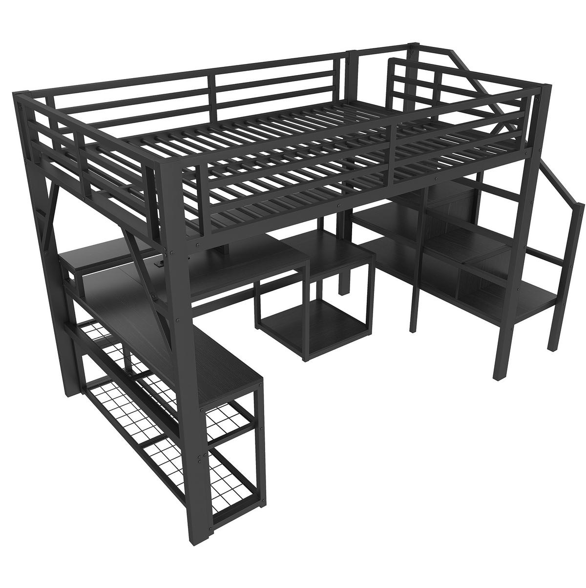 HOCHBETT aus Metall und MDF 140x200 cm Schwarz mit Schreibtisch, Stauraum, LED-Beleuchtung und USB-Anschluss - Schwarz, Metall (140/200cm) - IVMEU