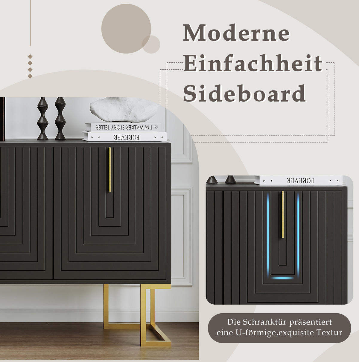 SIDEBOARD aus MDF 138x40x80 cm Schwarz mit 3 Türen, verstellbaren Regalböden und U-förmiger Frontstruktur - Schwarz, Holzwerkstoff (138/80.5/40cm) - Modfu