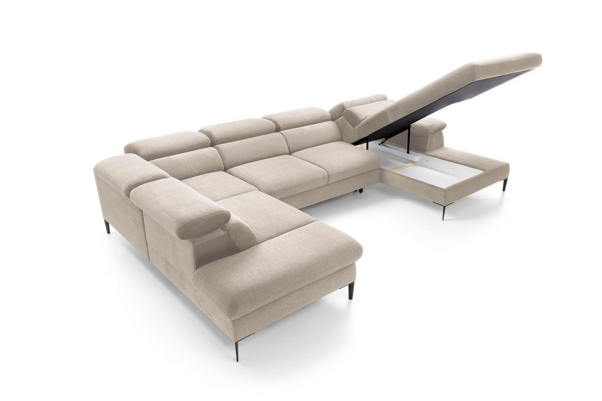 WOHNLANDSCHAFT MESTO Creme Velours-Stoff mit Schlaffunktion - Creme, Holz (353/94/182cm) - MASSENO