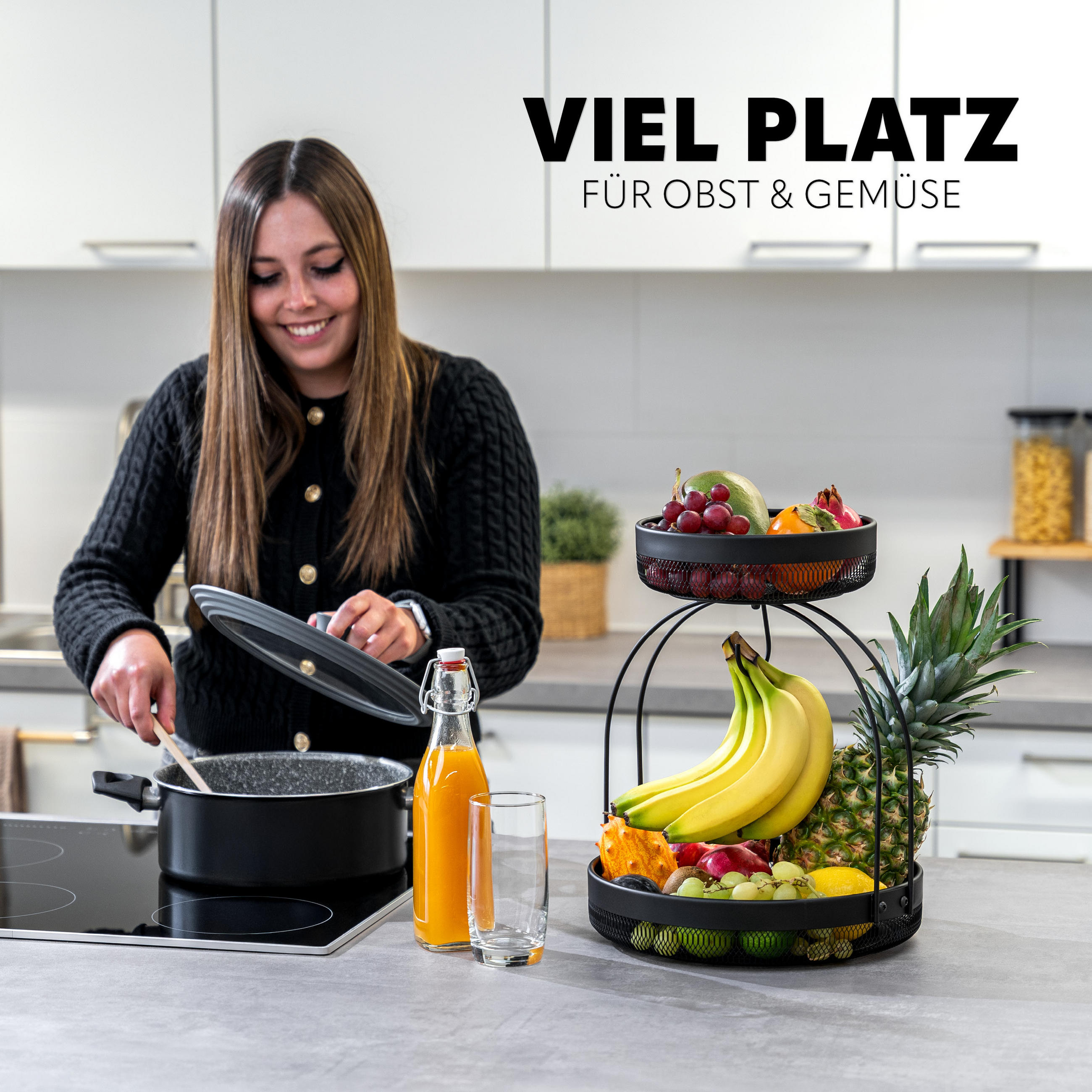 Thumbnail - eluno Obstetagere, Schwarz, Metall, 38.5 cm, Essen & Trinken, Geschirr, Schalen & Schüsseln, Obstschalen