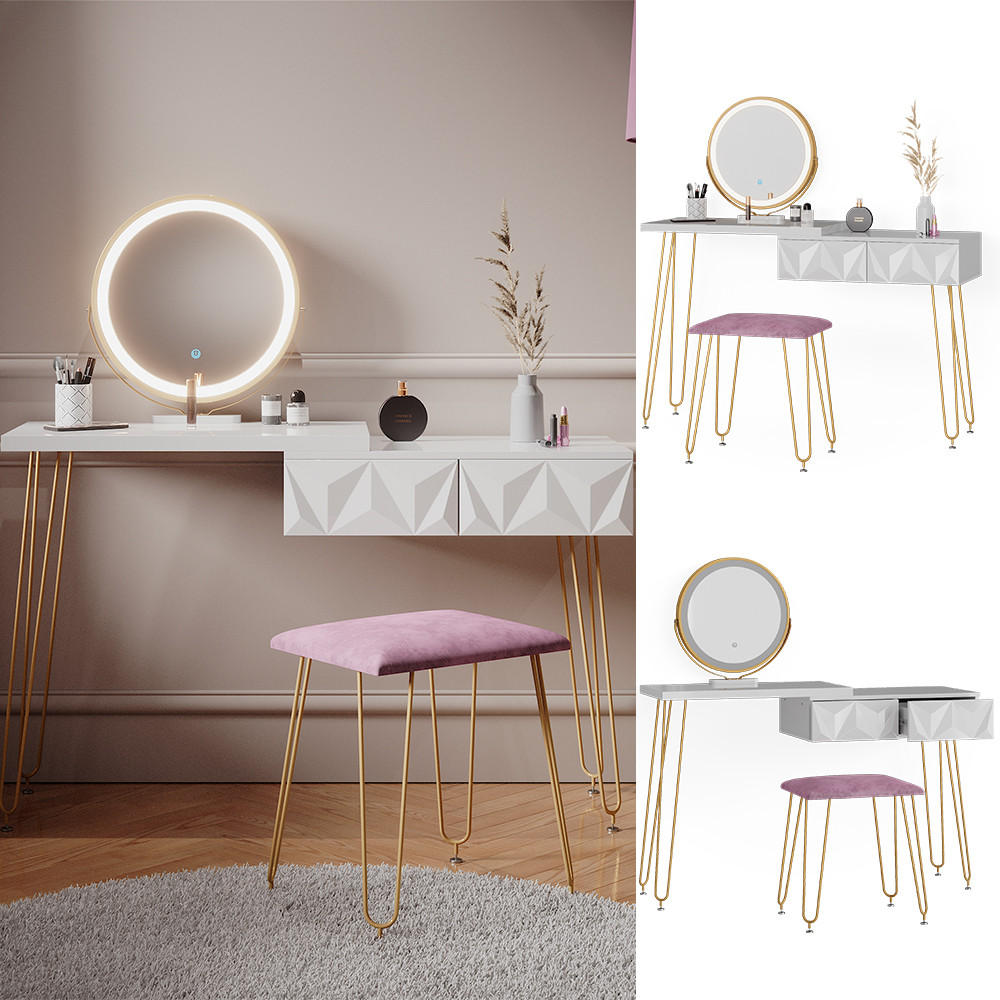 SCHMINKTISCH Bella Weiß 120 cm mit LED Beleuchtung und Hocker - Weiß, Holzwerkstoff (120/76/37cm) - Vicco