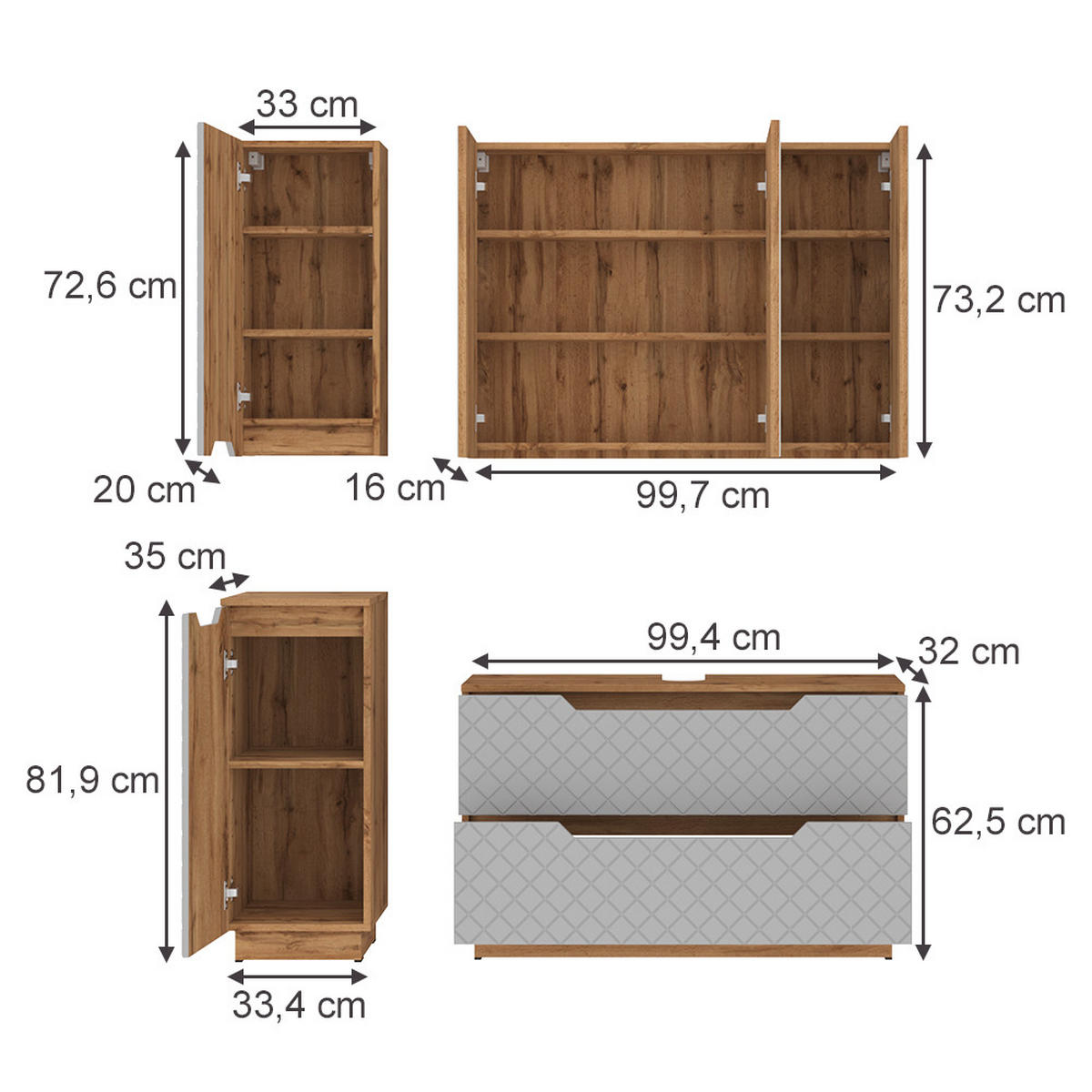 BADMÖBEL-SET Lotta Eiche/Grau mit Kachelstruktur 4 Teile - Eichefarben/Grau, Holzwerkstoff (99.4/62.5/32cm) - Vicco