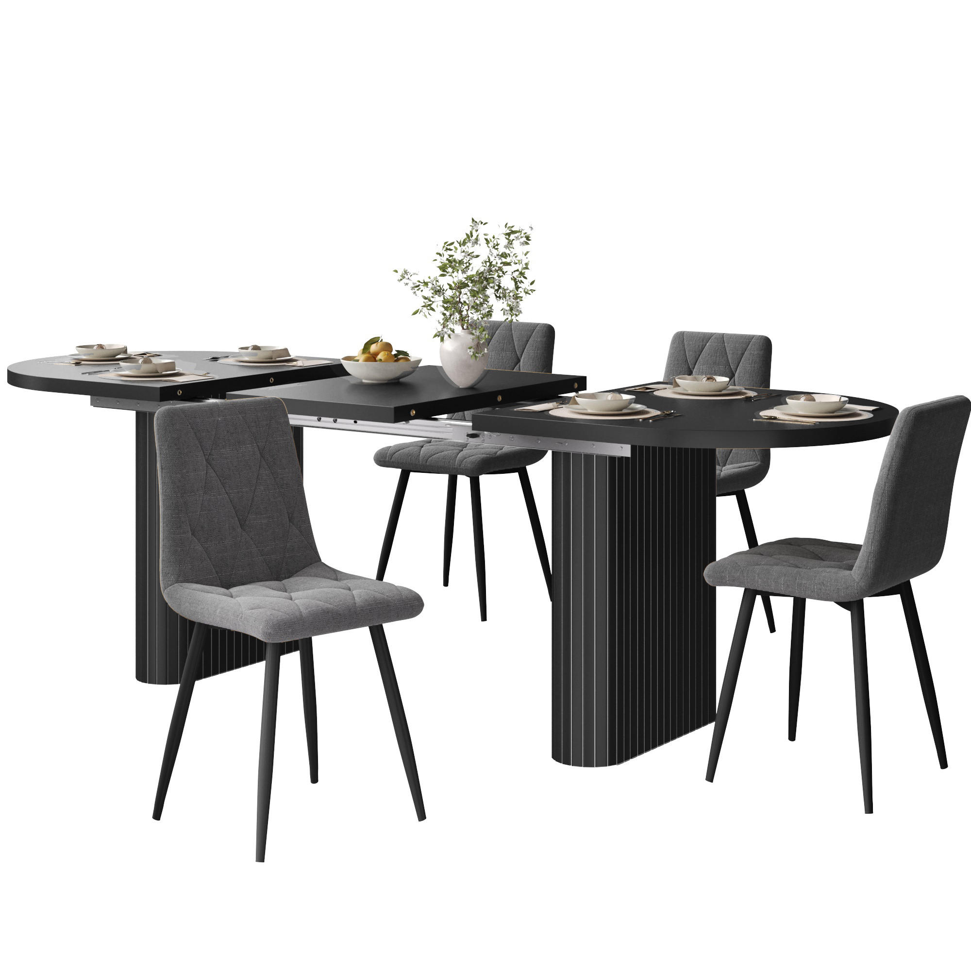 ESSTISCHSET Ausziehbar 120-160 Cm, Oval, 4 Stoffstühle, Schwarz - Multicolor, Metall (120/75.5/80cm) - FLIEKS