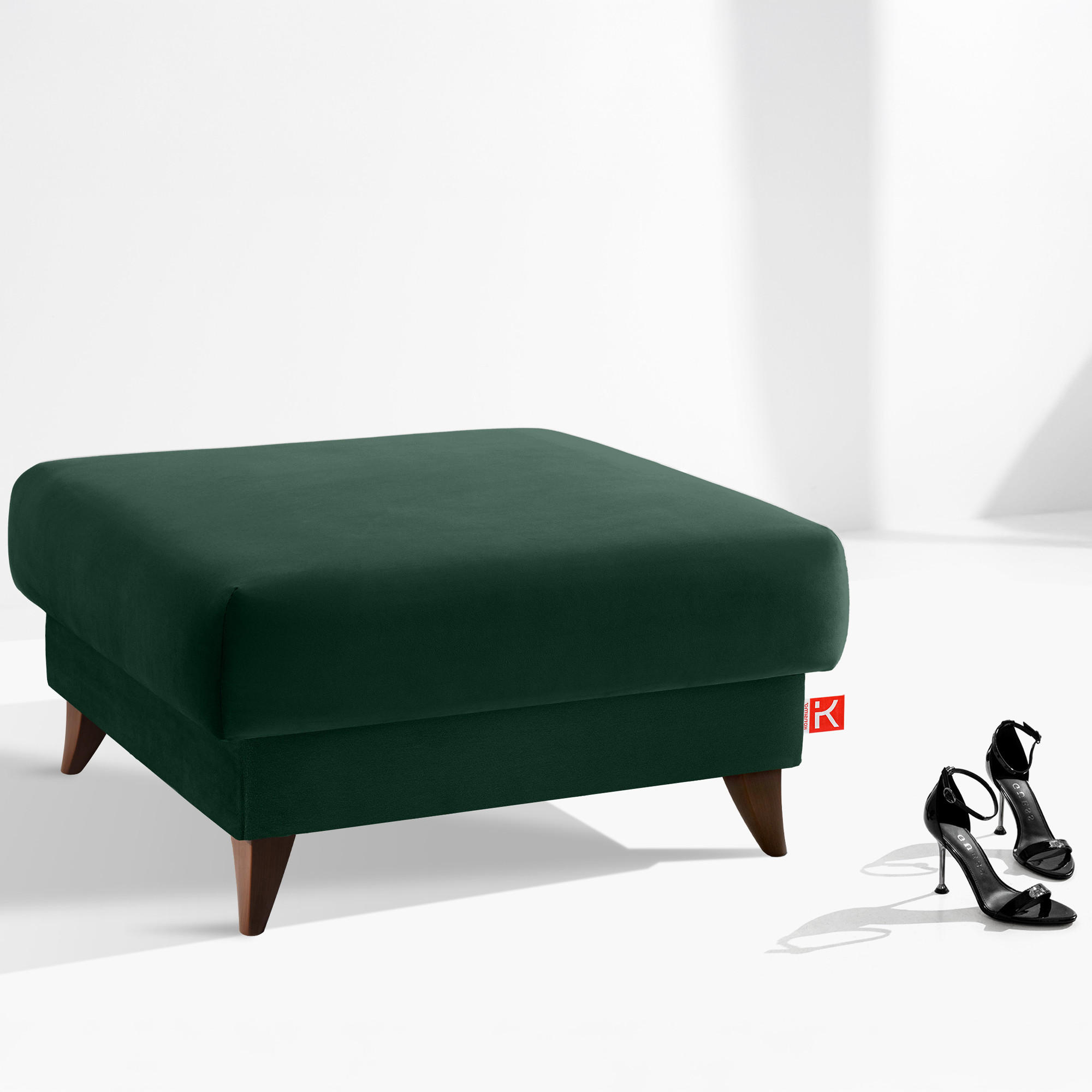 HOCKER GUSTAVO Velours, Dunkelgrün - Dunkelgrün, Holz/Holzwerkstoff (92/49/92cm) - KONSIMO®