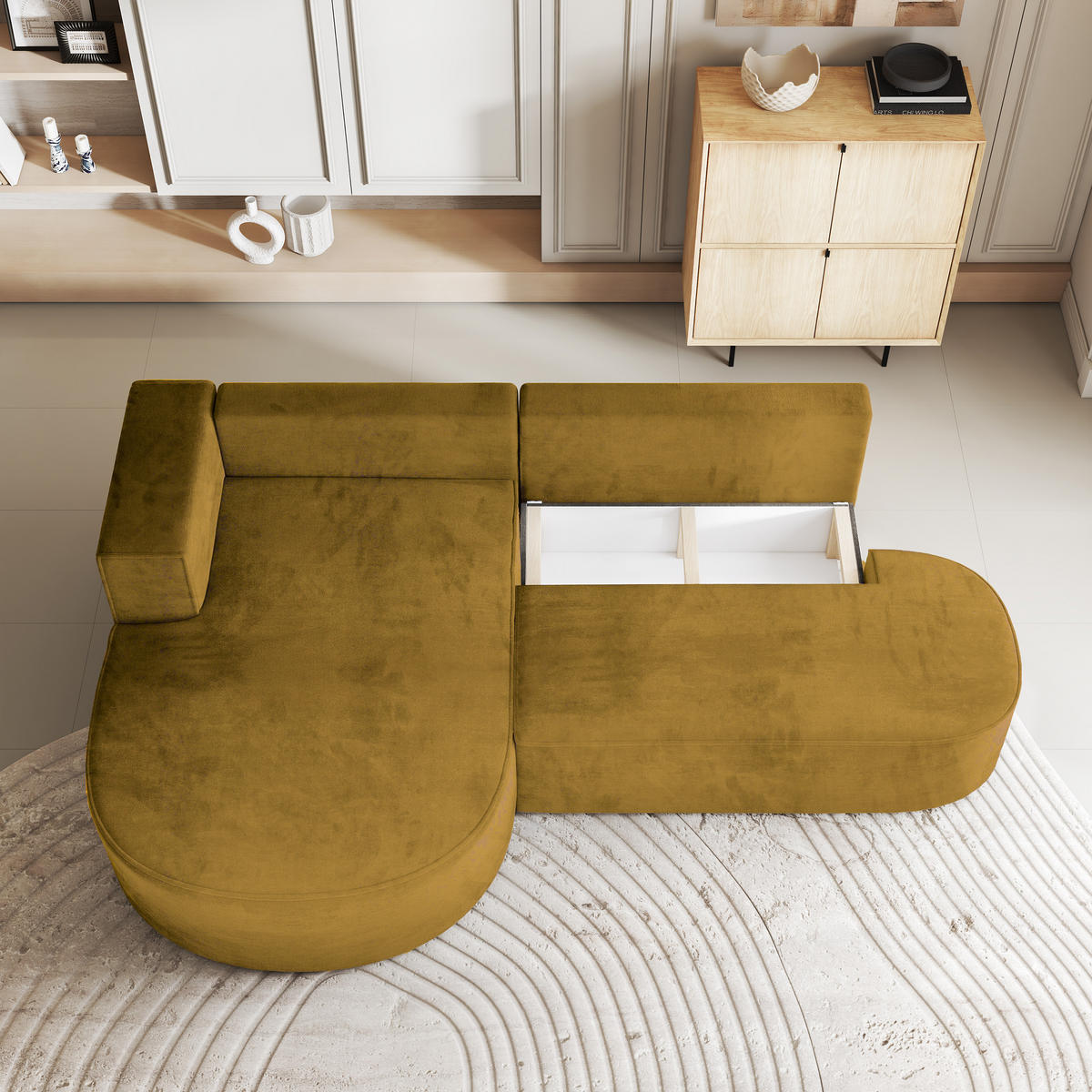 ECKSOFA CORTIO M L-S Gelb Velours-Stoff mit Schlaffunktion - Gelb, Holz (265/174cm) - MASSENO