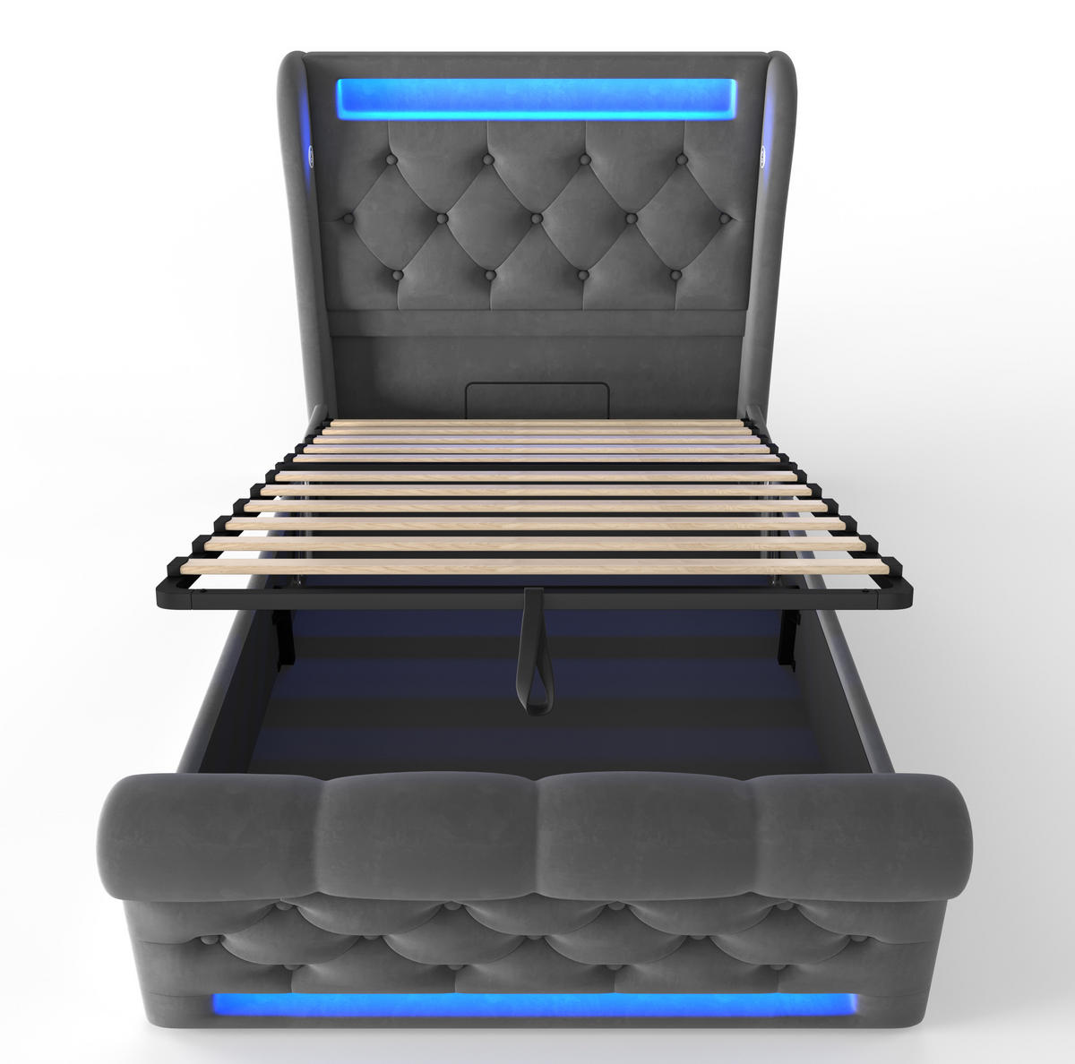 POLSTERBETT aus Samt 90x200 cm Grau mit Bettkasten, LED-Beleuchtung, USB- und USB-C-Anschlüssen - Grau, Textil (90/200cm) - IVMEU