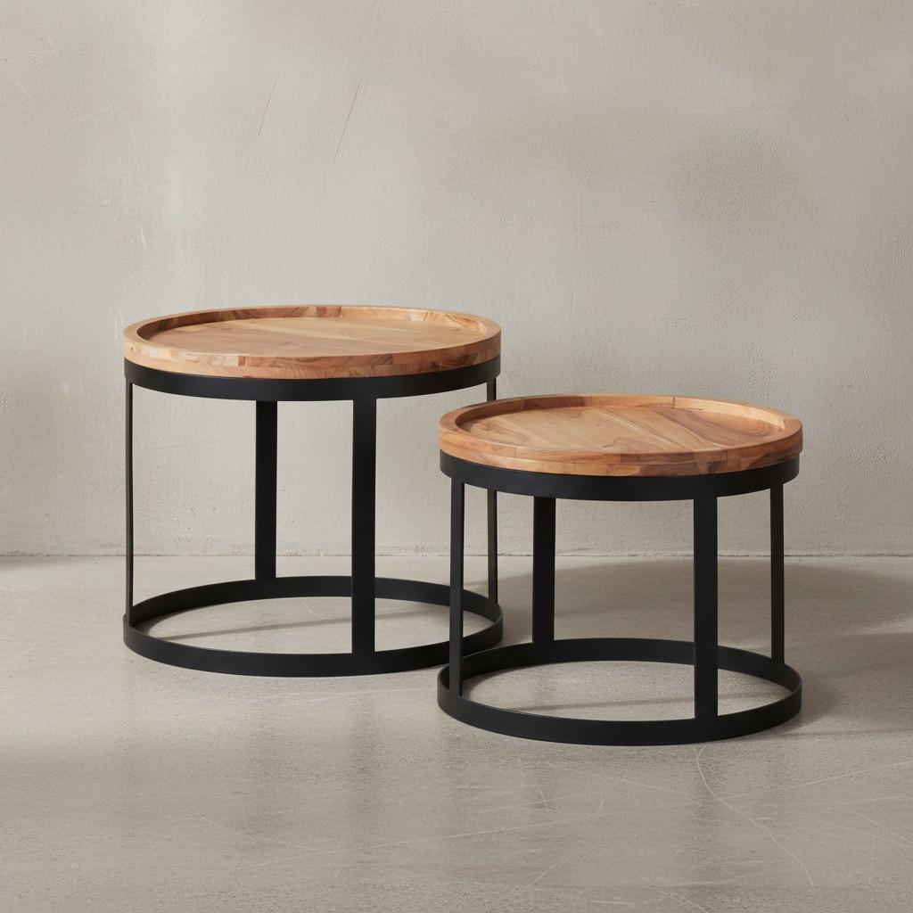 BEISTELLTISCH 2er Set Massivholz Metallgestell Rund Natur INDI, Beige 53x53x45 cm - Beige/Schwarz, Holz/Metall (53/53/45cm) - KADIMA DESIGN
