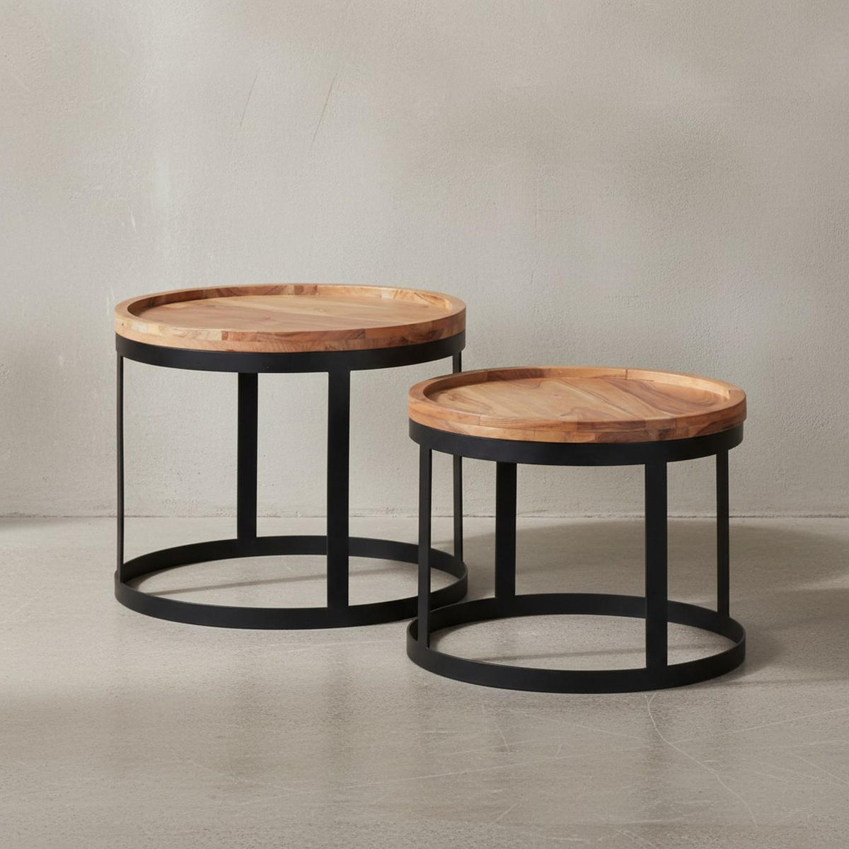 BEISTELLTISCH 2er Set Massivholz Metallgestell Rund Natur INDI, Beige 53x53x45 cm - Beige/Schwarz, Holz/Metall (53/53/45cm) - KADIMA DESIGN