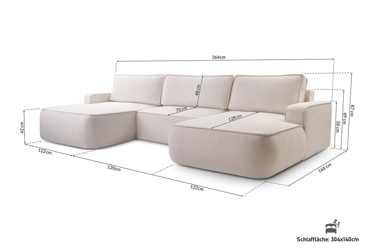 WOHNLANDSCHAFT Monos-U Cappuccino Boucle - Cappuccino, Textil (364/87/168cm) - Luxkor24