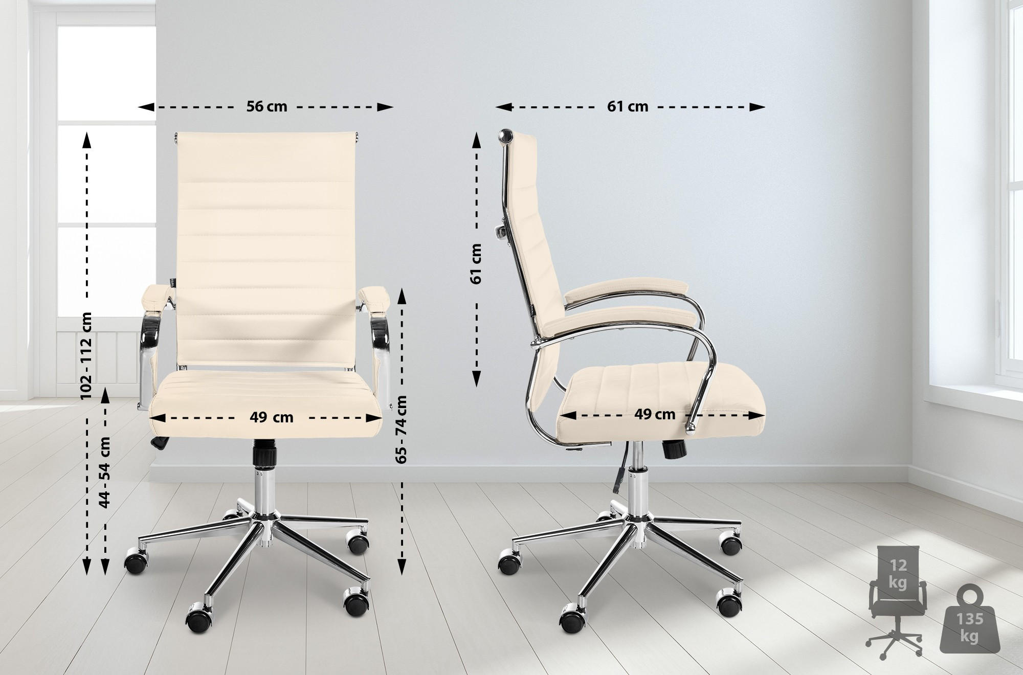 DREHSTUHL Echtleder creme - Chromfarben/Creme, Leder/Metall (56/102/61cm) - CLP