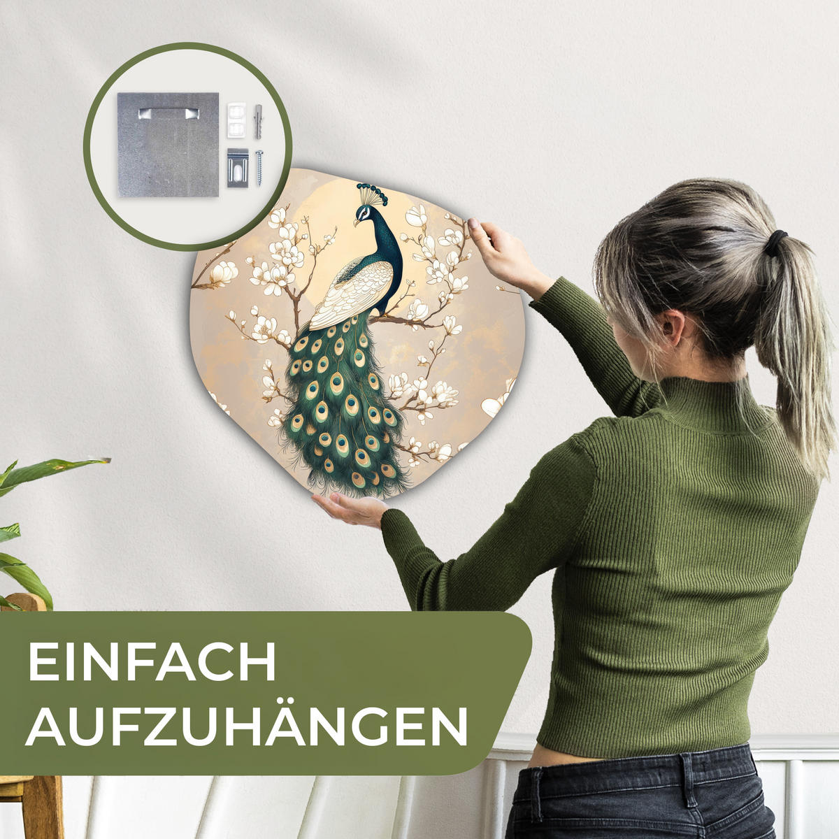 WANDBILD Pfau - Zweig - Blumen 40x40 cm - Champagner, Kunststoff (40/40cm) - MuchoWow