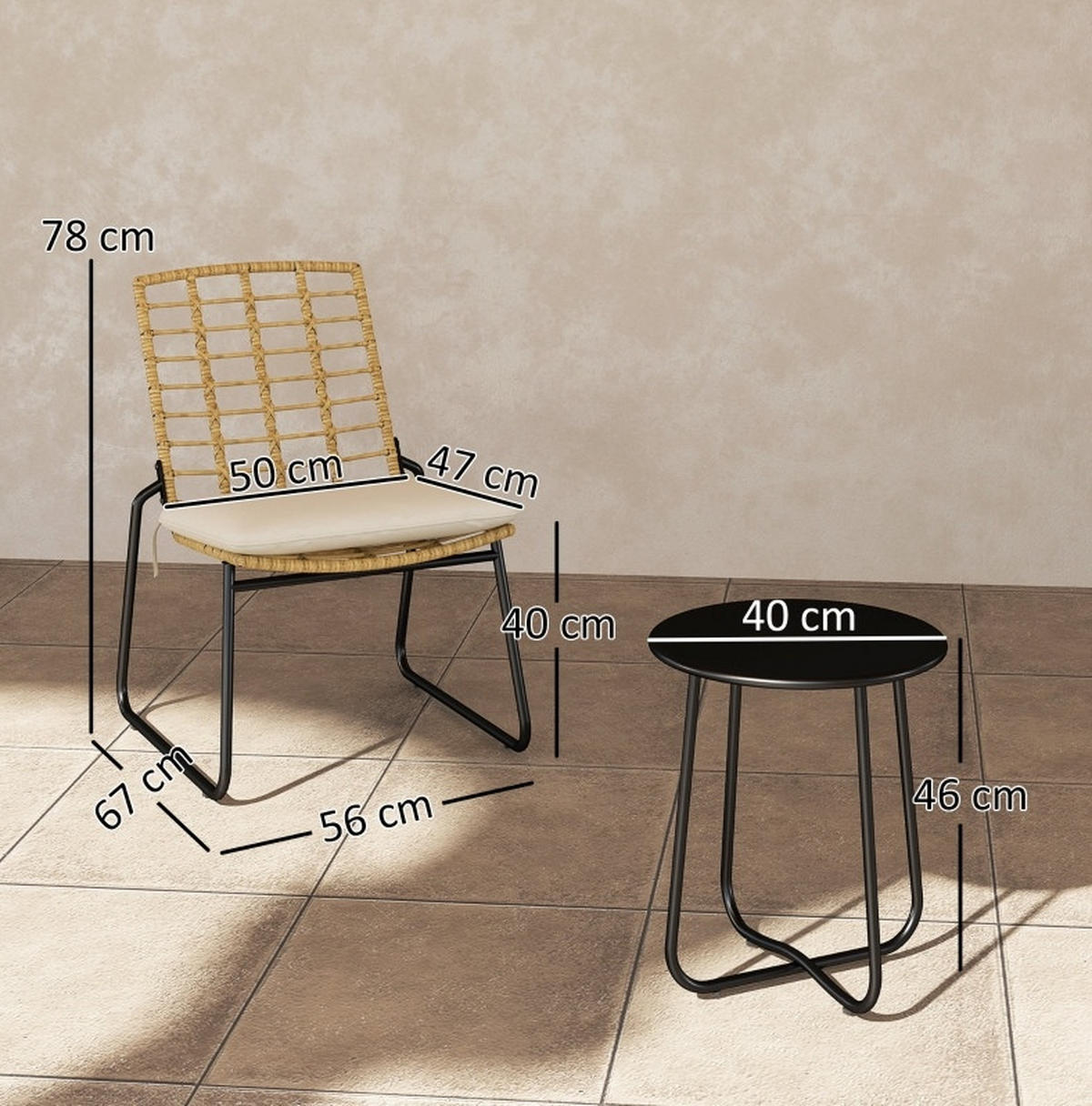 BALKONSET 3-teilig,40×40×46cm Polyrattan mit Kissen und Tisch - Beige, Naturmaterialen - Modfu