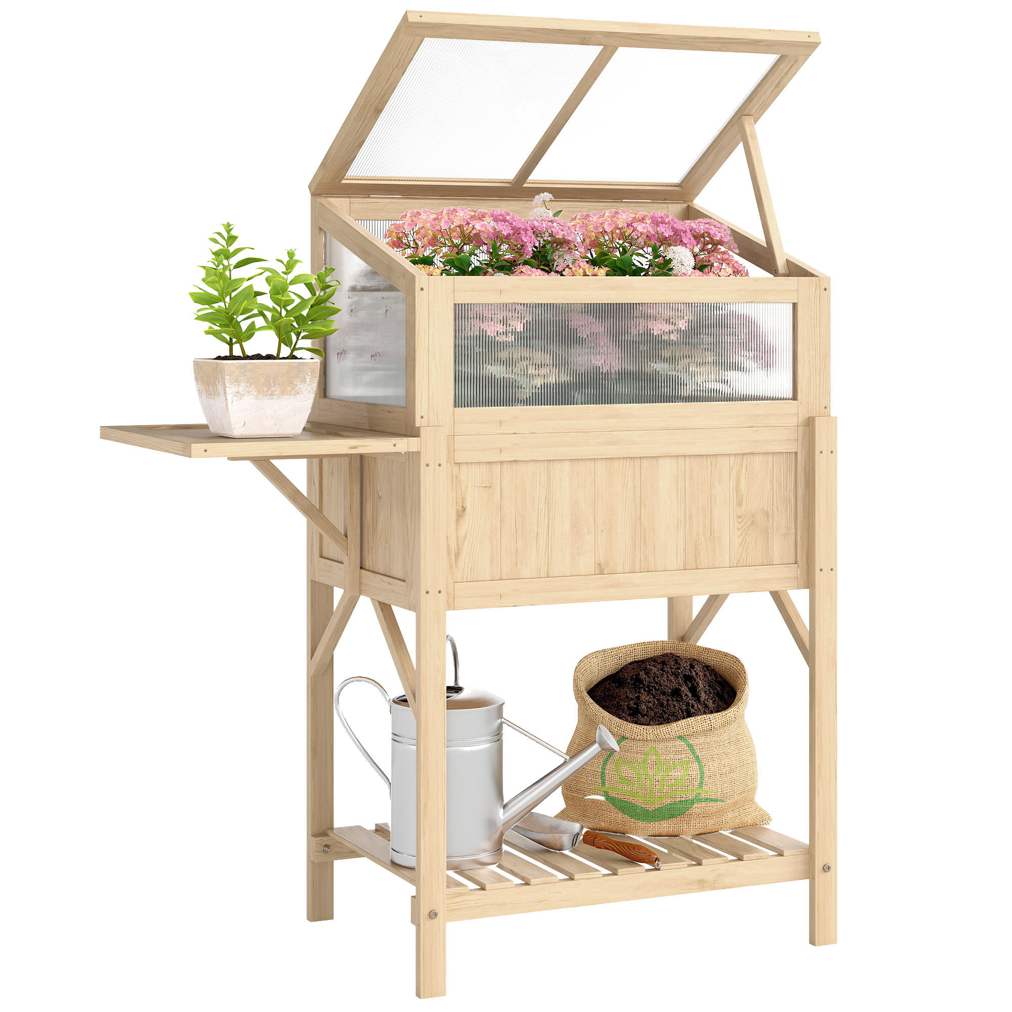 HOCHBEET DE-16052 mit Frühbeet & Klapptisch Naturholz - Naturfarben, Holzwerkstoff (104/120/50cm) - ComfortXL