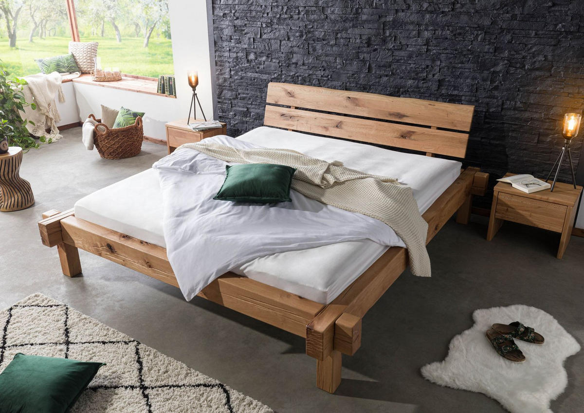 BETT Massivholz Zerreiche 140 x 200 x 85 natur BALKENMÖBEL #720 - Braun, Holz (140/200cm) - Massivmoebel24