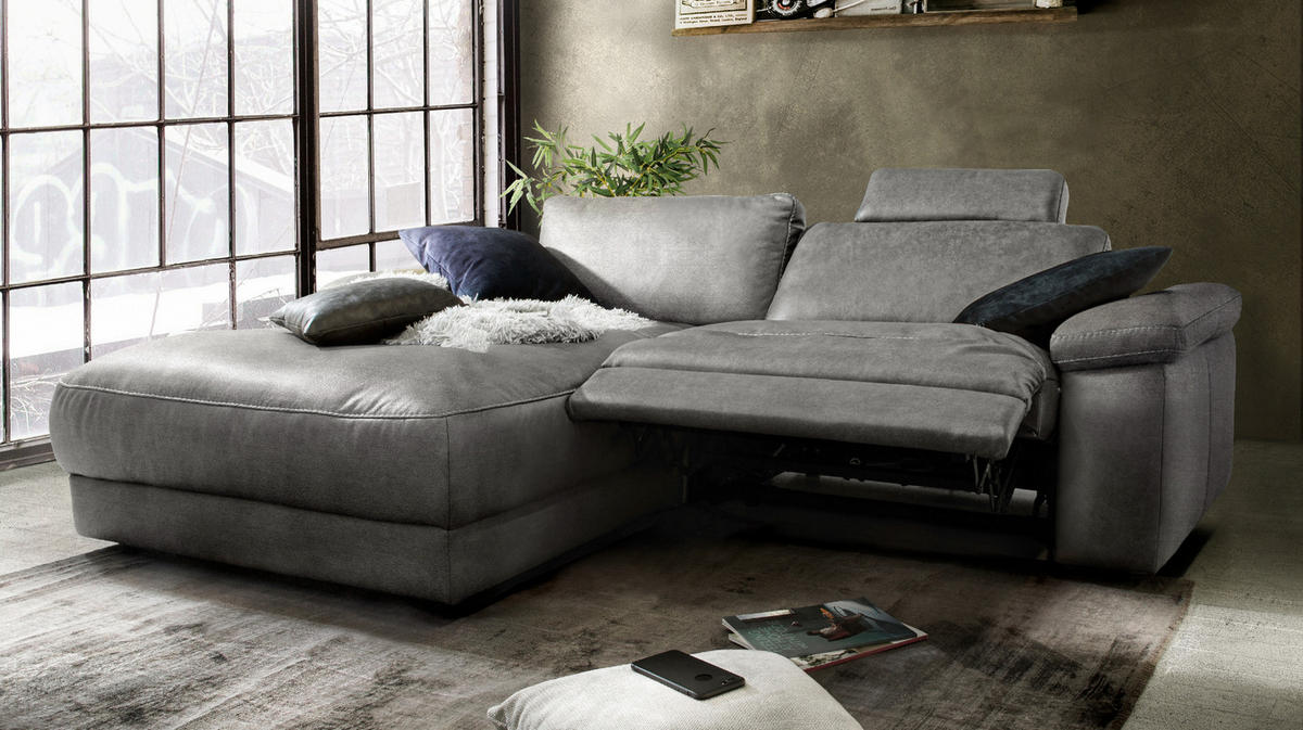 ECKSOFA MOTORISCH. RELAXFUNKTION LOLA Grau Webstoff - Schwarz/Grau, Textil (233/178cm) - KAWOLA