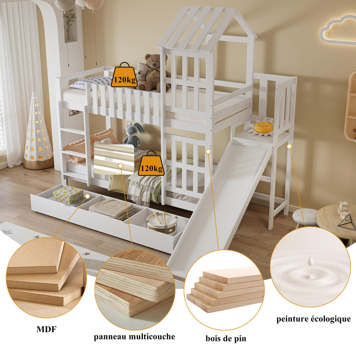 ETAGENBETT Kinderbett mit Rutsche Weiß - Weiß, Holz (90/200cm) - ComfortXL