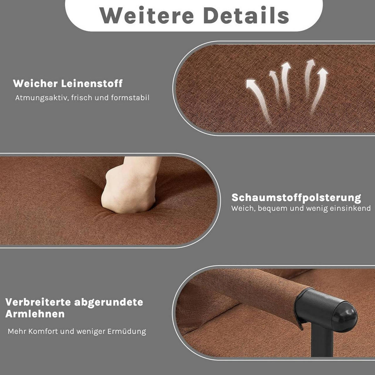 SCHLAFSESSEL 3 in 1, mit Verstellbarer Rückenlehne, Leinen Braun - Schwarz/Braun, Textil/Metall (65/78/75cm) - Woltu