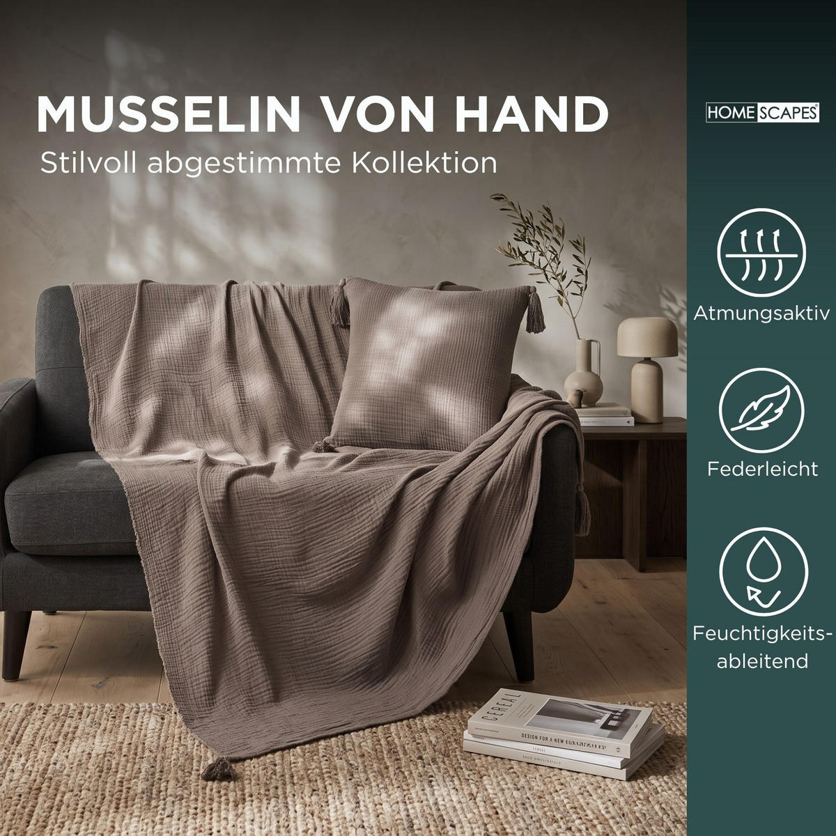DEKOKISSEN Musselin grau mit Quasten, 45/45 cm - Grau, Textil (45/45cm) - Homescapes