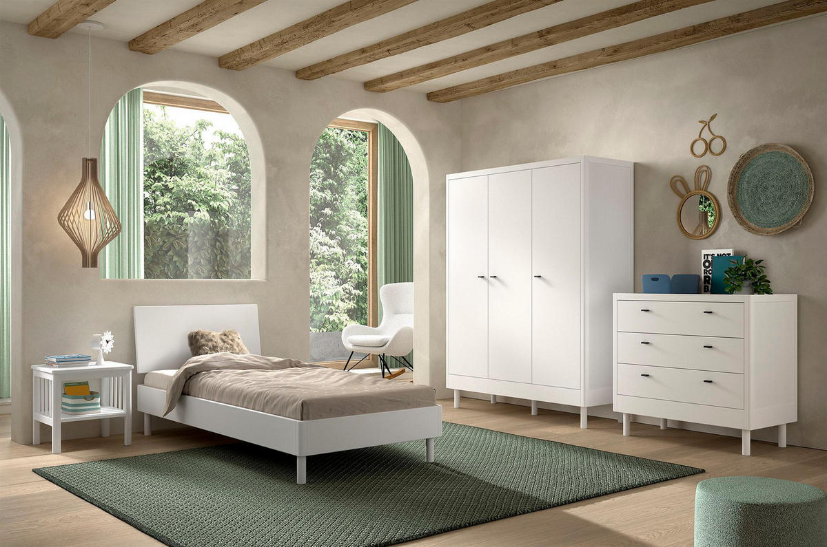 JUGENDZIMMER SET 90x200 Keeley Buche Weiß Holz Schrank Kommode - Weiß, Holz (55/190/146cm) - 58aufmkessel