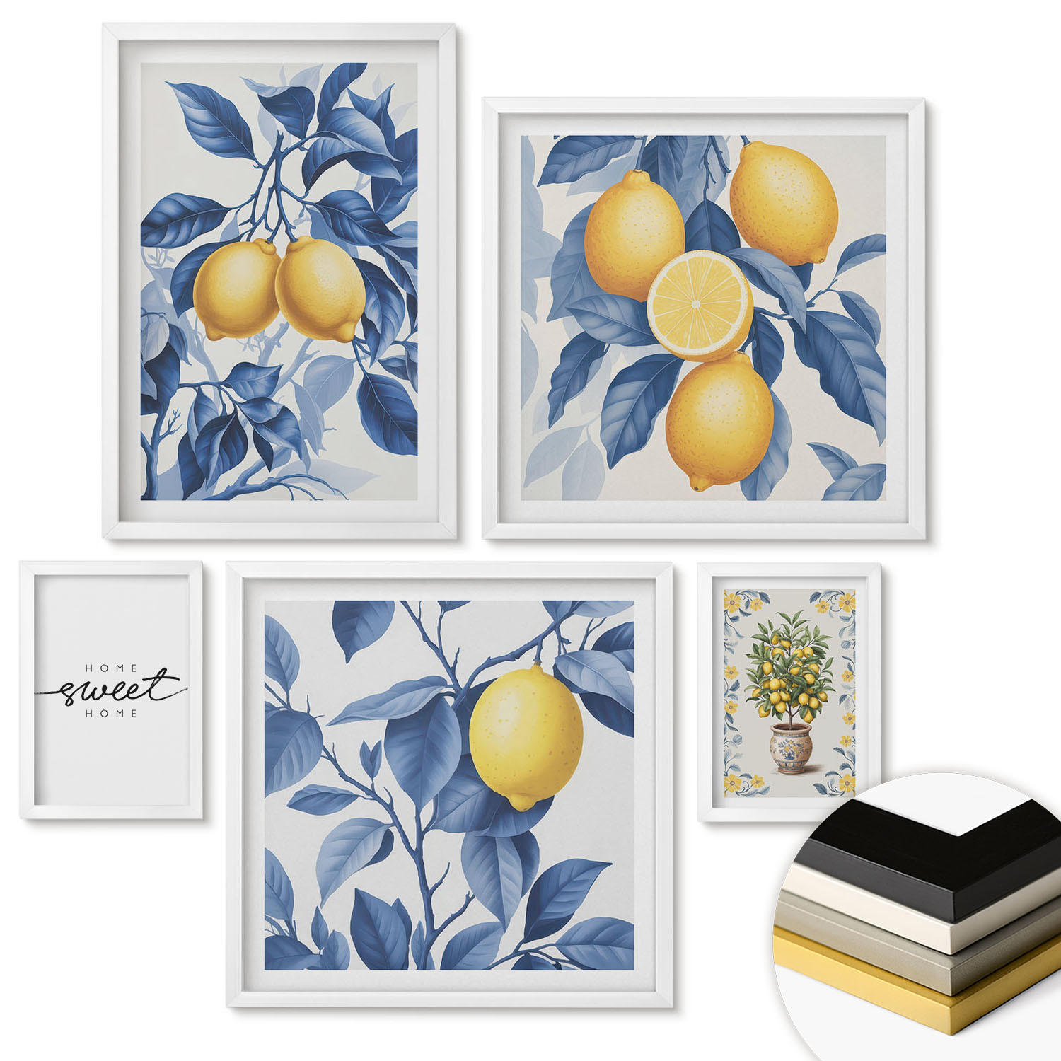 WANDBILDER 5er-Set - 50x50 cm & 20x30 cm & 40x60 cm Weißer Rahmen - Zitronenzweige mit blauen Blättern - Weiß, Kunststoff (40/60cm) - ArtPrintCave