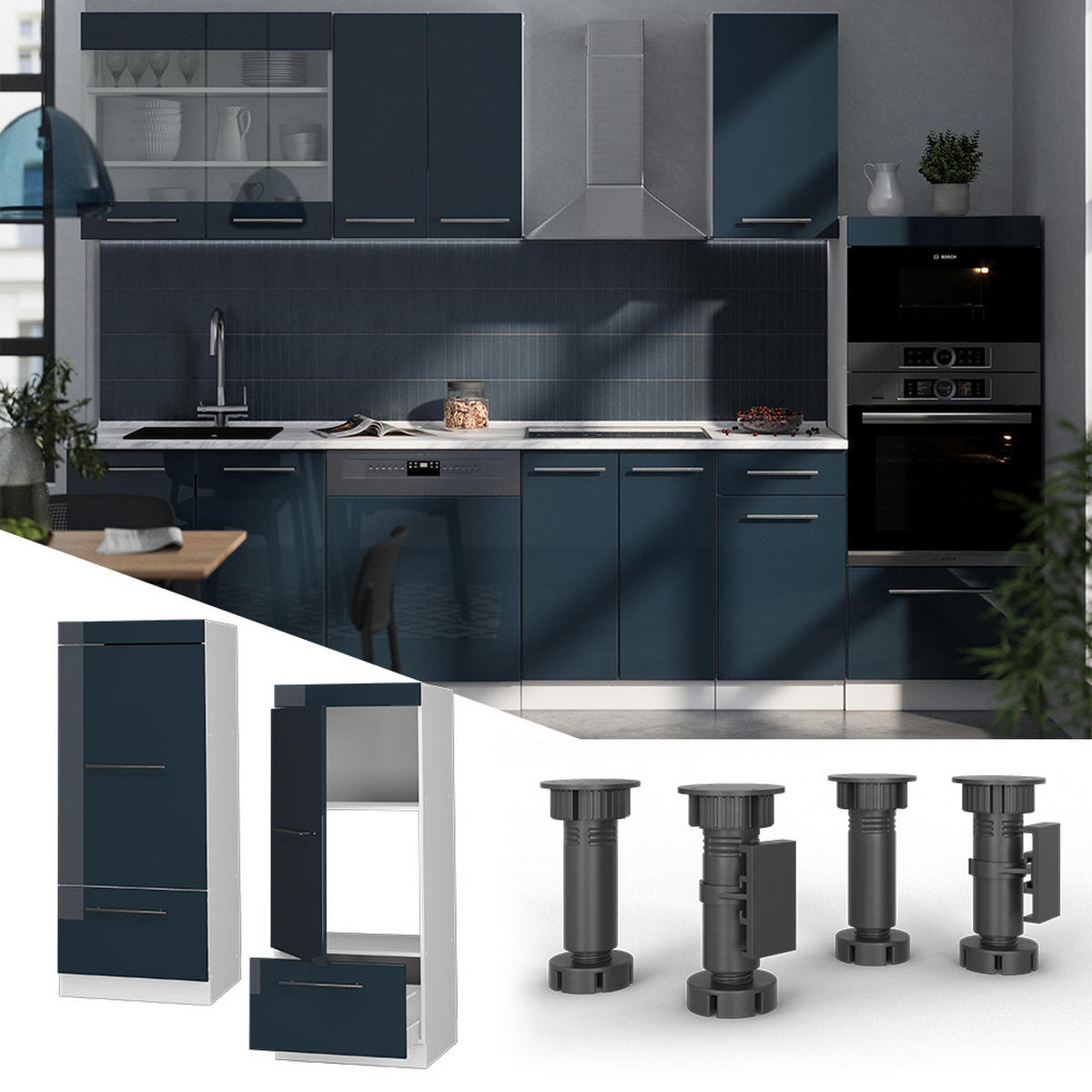 MIKROWELLENSCHRANK Fame-Line Dunkelblau Hochglanz 60 cm - Weiß/Dunkelblau, Holzwerkstoff (60/153.6/58.1cm) - Vicco