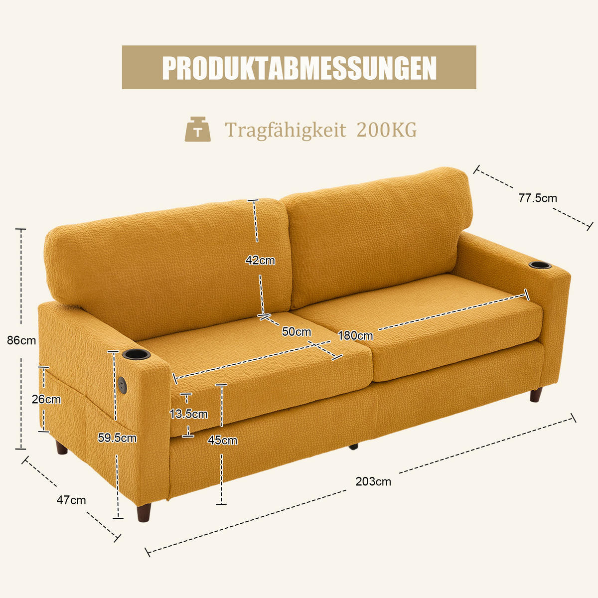 ZWEISITZER Sofa Chenille mit USB-Anschluss und LED Getränkehalter 203/77,5/86 cm Gelb - Gelb, Textil (77.5/86/203cm) - Redom