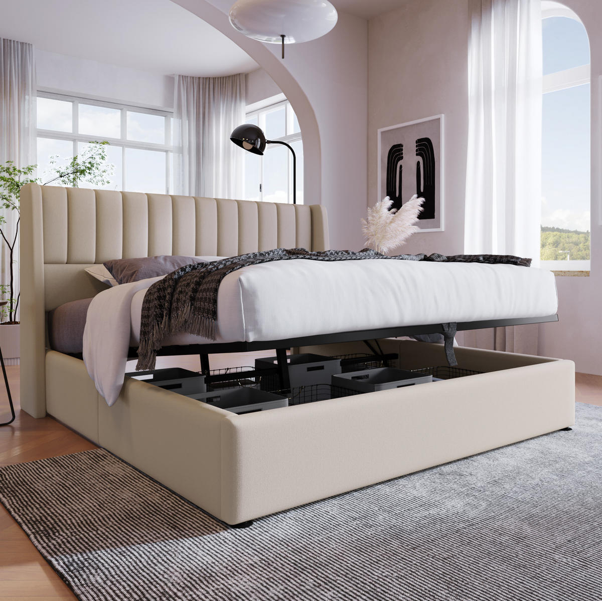 ČALOUNĚNÁ postel 180/200 cm béžová z lnu s úložným prostorem a hydraulickým roštem - béžová, textil (180/200cm) - OKWISH