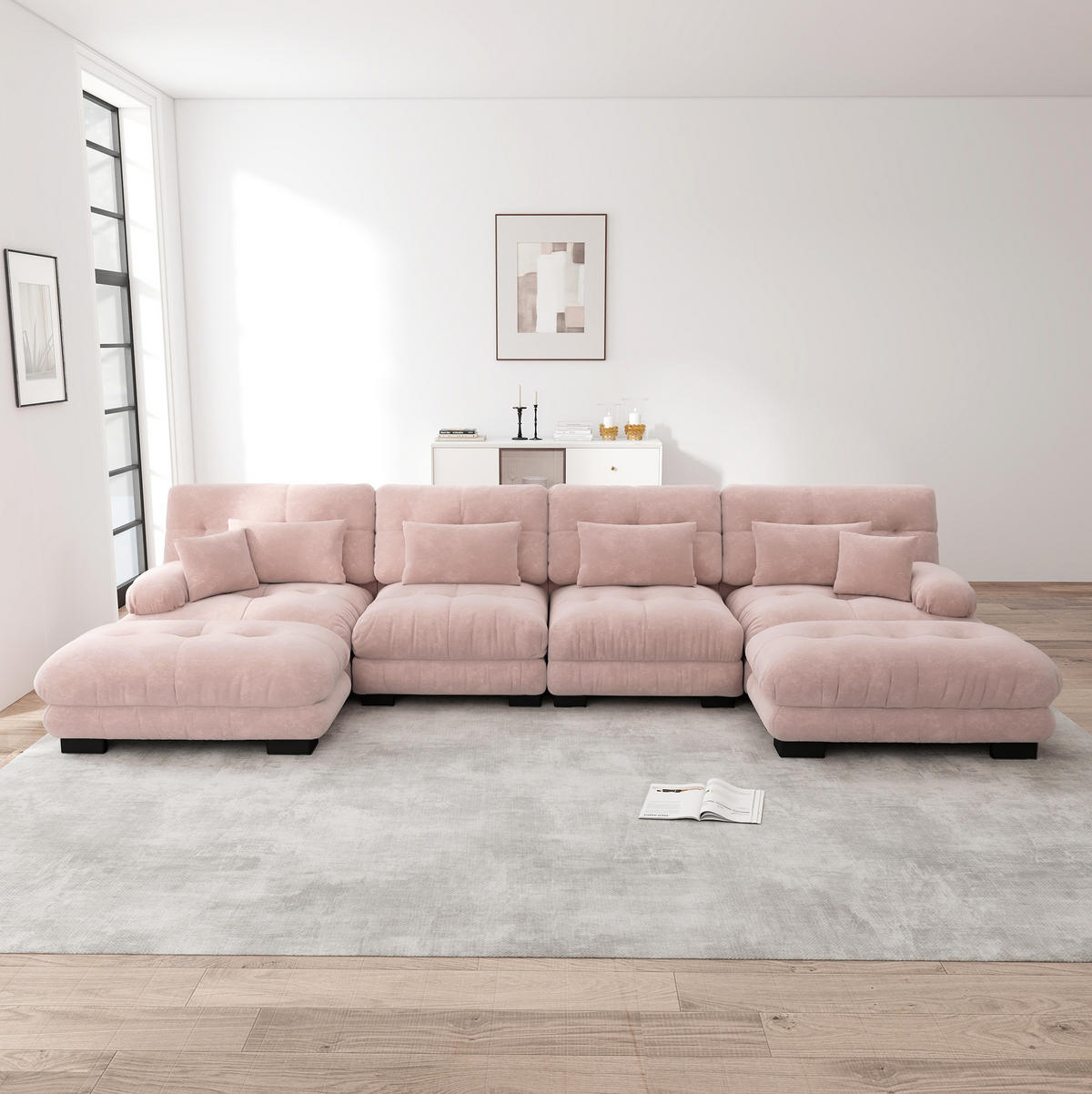 MODULARES Ecksofa mit beweglichen Ottomane, Chenille und flexiblem Aufbau, Rosa - Pink, Textil (406/145cm) - Redom
