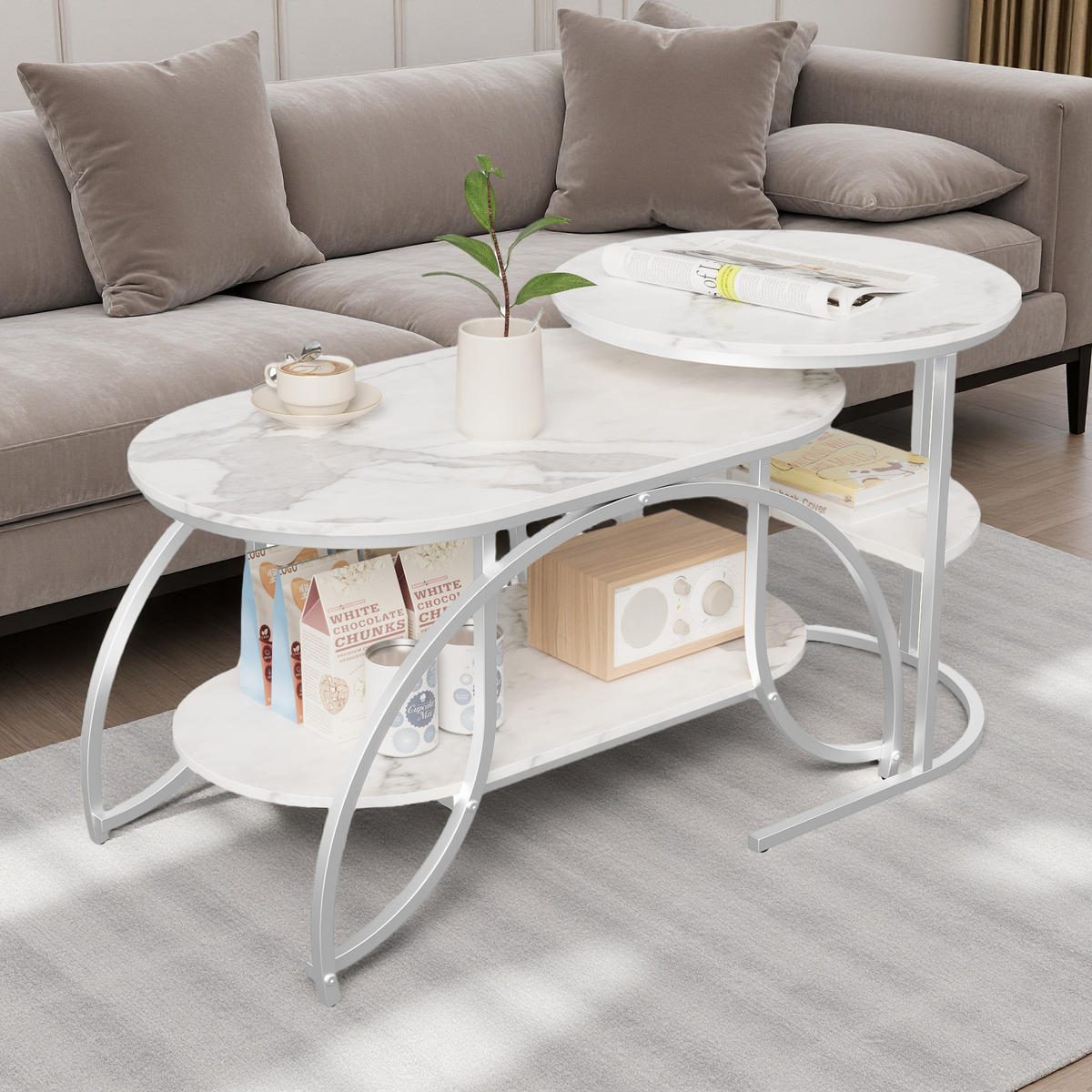 COUCHTISCH oval mit Ablage, Marmoroptik Weiß, Silber Metall - Weiß, Metall (80/46/51cm) - SHOPENTRA