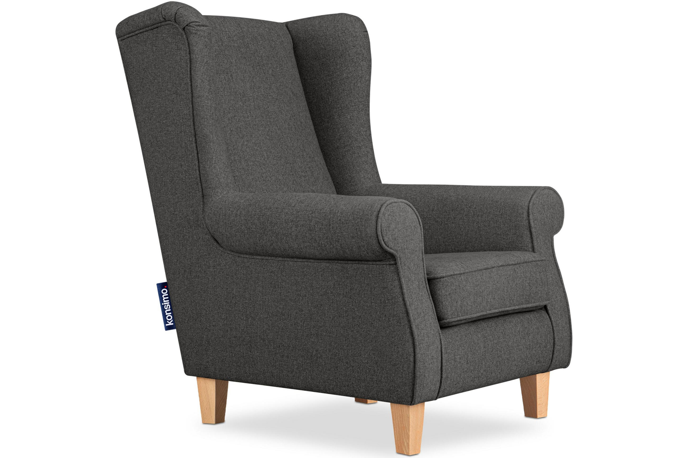 OHRENSESSEL MILES Massivholzbeine buche, grau - Grau, Holzwerkstoff/Buchenholz (82/105/97cm) - KONSIMO®