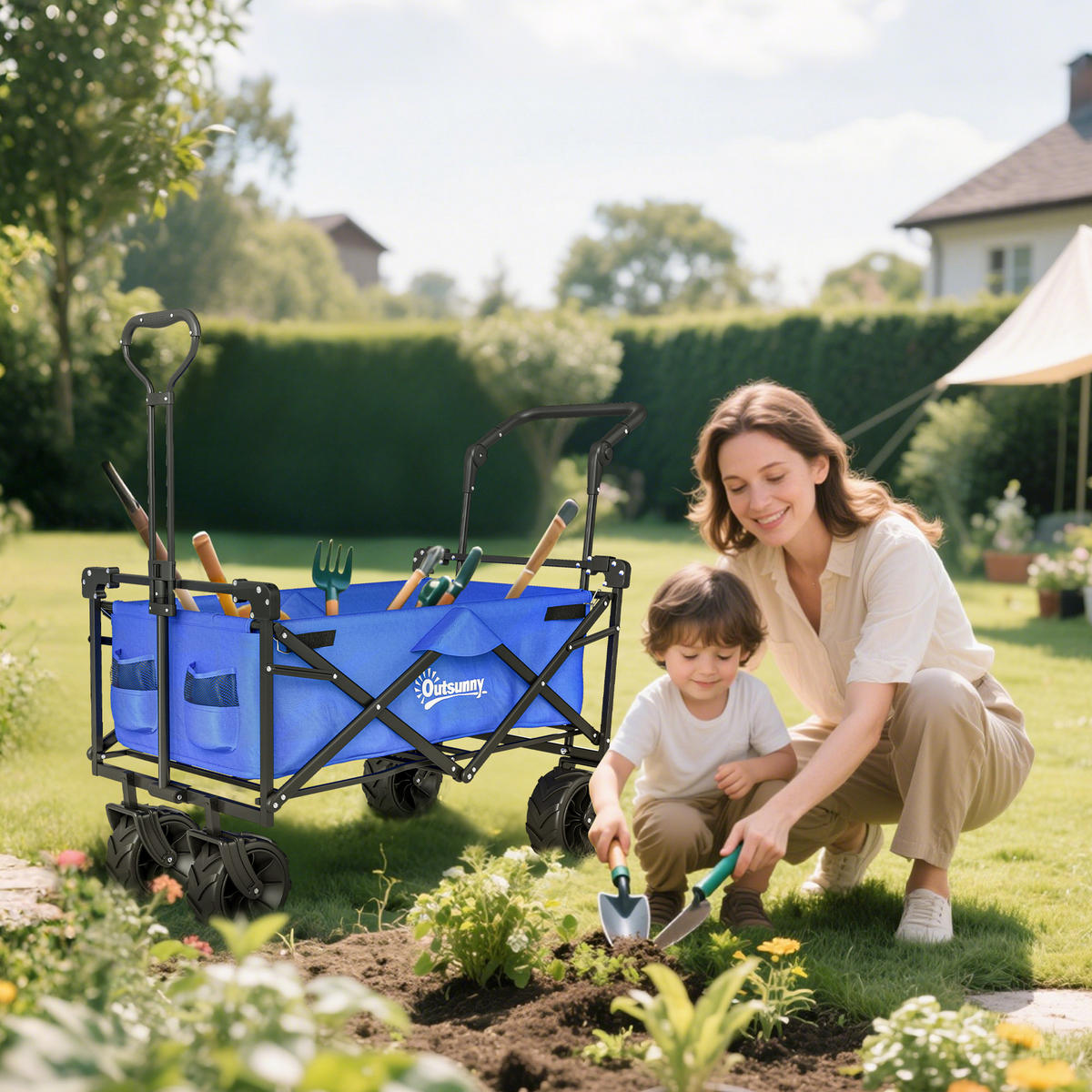 GARTENWAGEN DE-18763 klappbar mit Dach & All-Terrain-Rollen Blau - Blau, Metall (55/98/117cm) - ComfortXL
