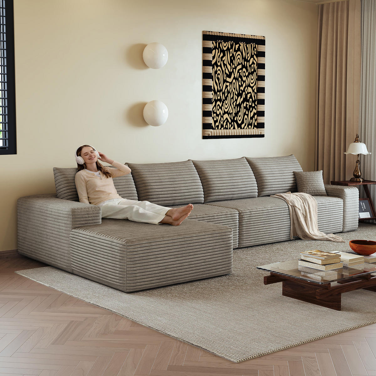 ECKSOFA 340/175/83 cm Kamel mit L-förmiger Chaiselongue, Linke Seite - Braun/Cappuccino, Textil (340/175cm) - Oxeza