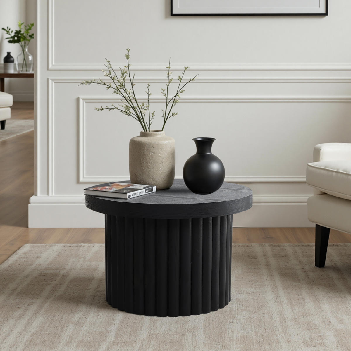 COUCHTISCH Rund, Schwarz aus MDF mit PU-Holzdessin | Ø60 x H40 cm - Schwarz, Holz (60/60/40cm)