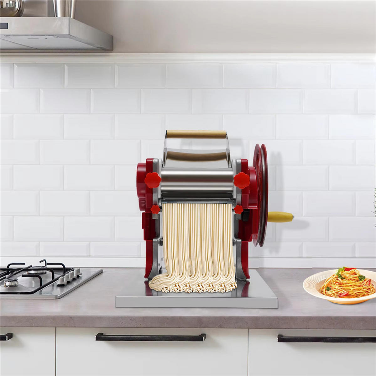 NUDELMASCHINE Edelstahl 0,5–5 mm Pasta Teigtaschen - Rot, Metall (28/26/38cm) - Bextcok