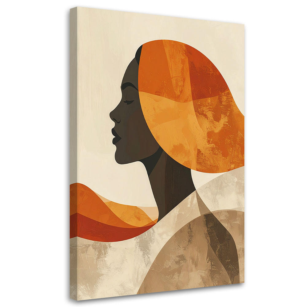 LEINWANDBILD, Minimalistisches Frauenprofil mit orangefarbener Sonne - Orange, Textil (80/120cm) - Feeby