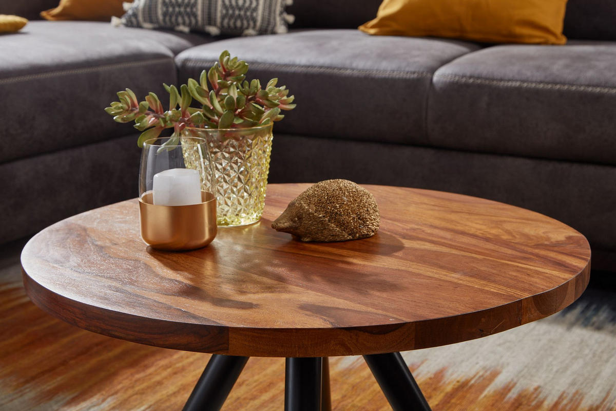 COUCHTISCH rund aus Massivholz und Metall, Handgefertigt - Schwarz/Braun, Holz/Metall (60/60/35cm) - KADIMA DESIGN