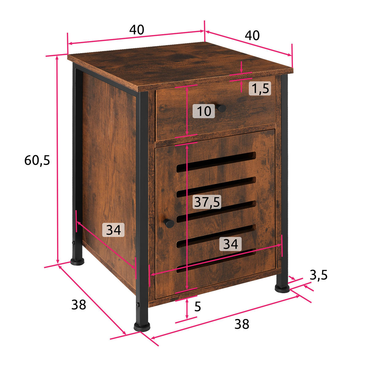 NACHTSCHRANK Waterford, 40 x 42 x 60,5 cm, Industrial Holz dunkel, rustikal - Rostfarben, Holzwerkstoff (40/60.5/42cm) - tectake
