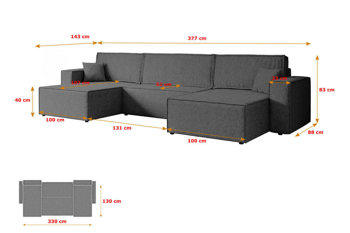 WOHNLANDSCHAFT mit Schlaffunktion und Bettkasten CELTIC-XLU - 377x143x83 cm Grau Bouclé - Schwarz/Grau, Holzwerkstoff/Kunststoff (377/83/143cm) - ALTDECOR