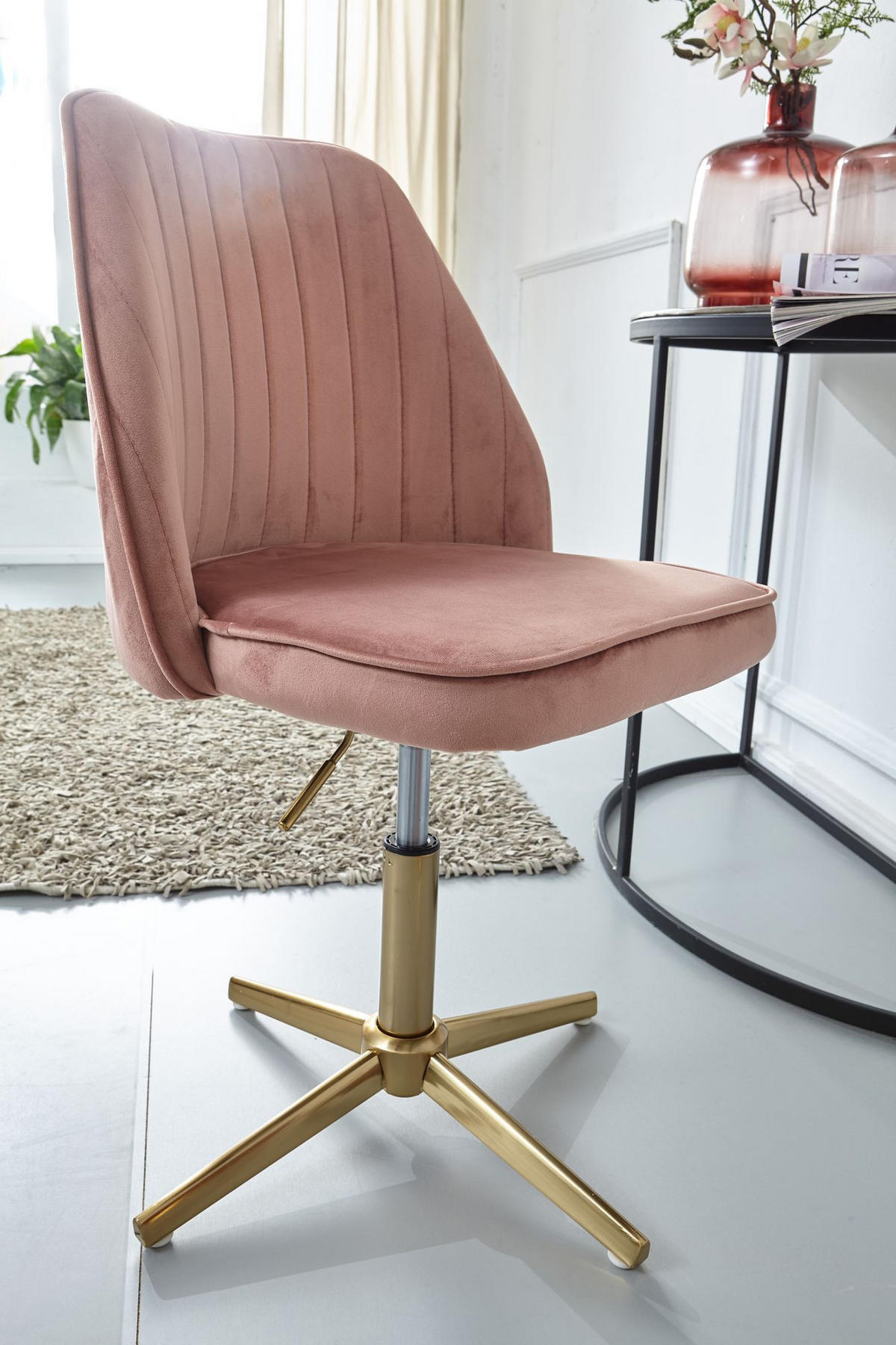 DREHSTUHL Samt mit Höhenverstellung, Eisenfuß und 360° Drehfunktion TANARO, Rosa - Pink/Goldfarben, Textil/Metall (60/100/60cm) - KADIMA DESIGN