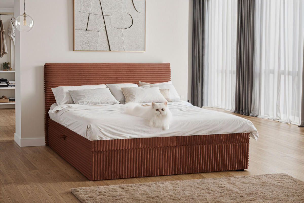 BOXBETT Bettkasten Und Topper TRENTO Ohne Bein Stoff Plüsch Cord 140x200 cm Kupfer H2-Pocket - Kupferfarben, Holz/Textil (140/200cm) - Kaiser Möbel